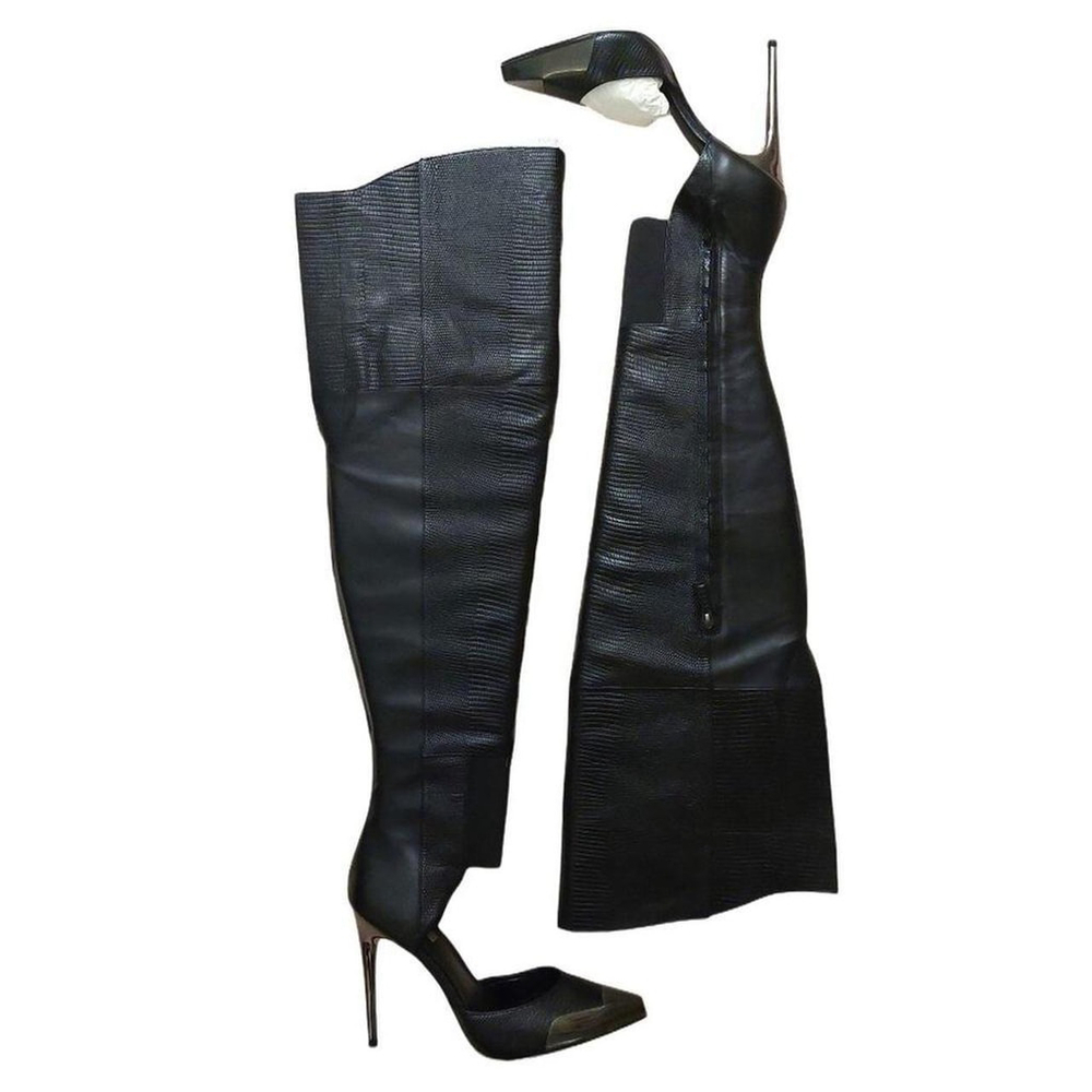 BCBGMAXAZARIA Over the Knee Black Leather Lizard Print Boots Sz 7 $695